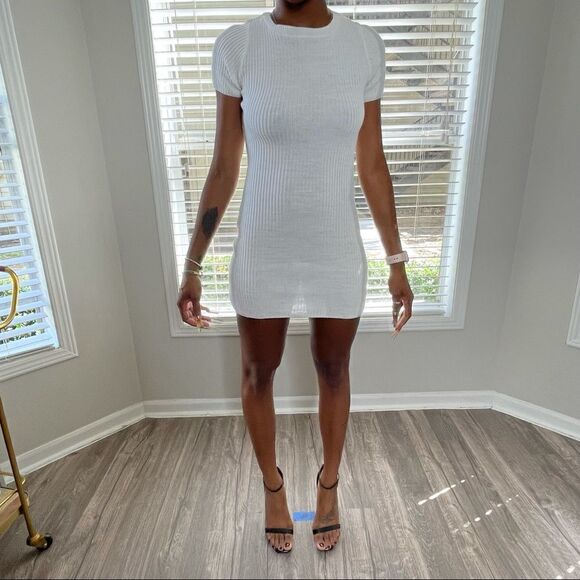 NASTY GAL Cream Knit Ribbed T-Shirt Mini Dress - Picture 2 of 11